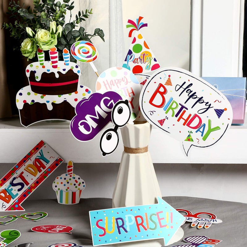Frienda 29 Pieces Birthday Photo Booth Props Kit Colorful Funny Kids Birthday Theme Table Centerpiece Craft Cutouts with Glue Point Dots and Wooden Dowel Sticks for Party Celebration Decorations - Image 5